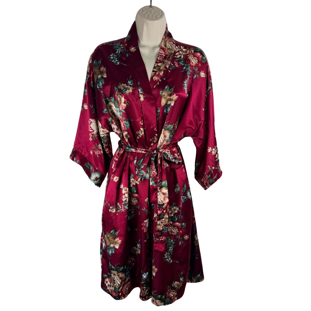 Dentelle Floral Satin Robe Medium Burgundy Red Kimono Pockets Vintage USA